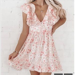 STORIA/AMAZING LACE Pink and White Ruffle Mini Dress “Plus One Pink Mini Dress”